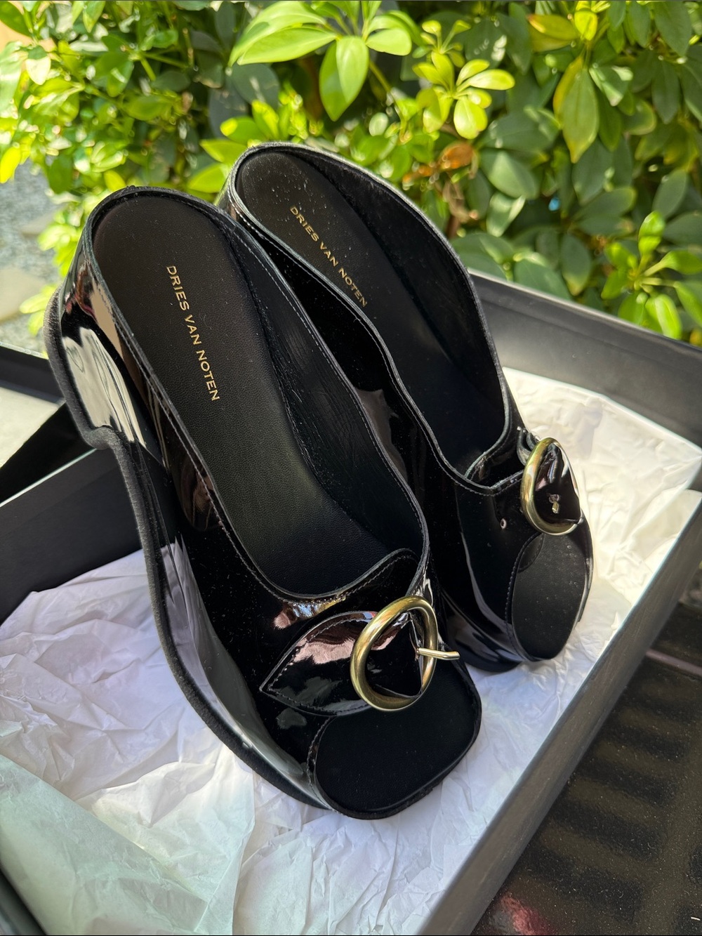 Dries Van Noten Black Patent Peep-Toe Mules with Gold Buckle
